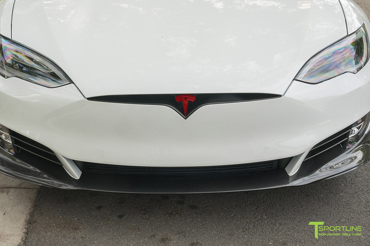 Pearl White Tesla Model S P100D with Carbon Fiber Front Apron by T Sportline