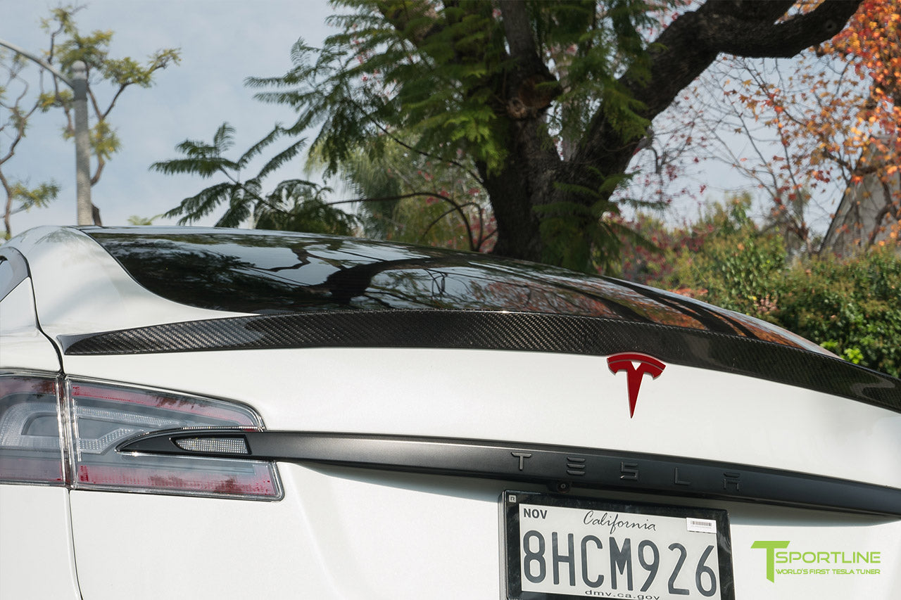 Pearl White Tesla Model S P100D with Matte Black TS115 Forged Wheels, Digital License Plate, and Carbon Fiber Sport Package (Front Apron, Trunk Wing, Rear Diffuser) by T Sportline