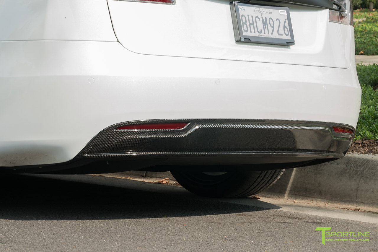 Pearl White Tesla Model S P100D with Matte Black TS115 Forged Wheels, Digital License Plate, and Carbon Fiber Sport Package (Front Apron, Trunk Wing, Rear Diffuser) by T Sportline