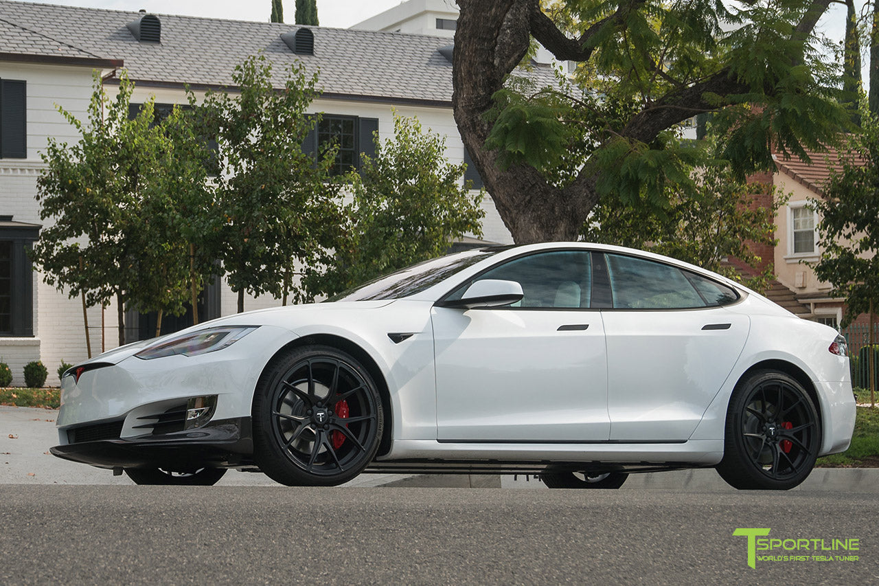 Pearl White Tesla Model S P100D with Matte Black TS115 Forged Wheels and Carbon Fiber Sport Package by T Sportline