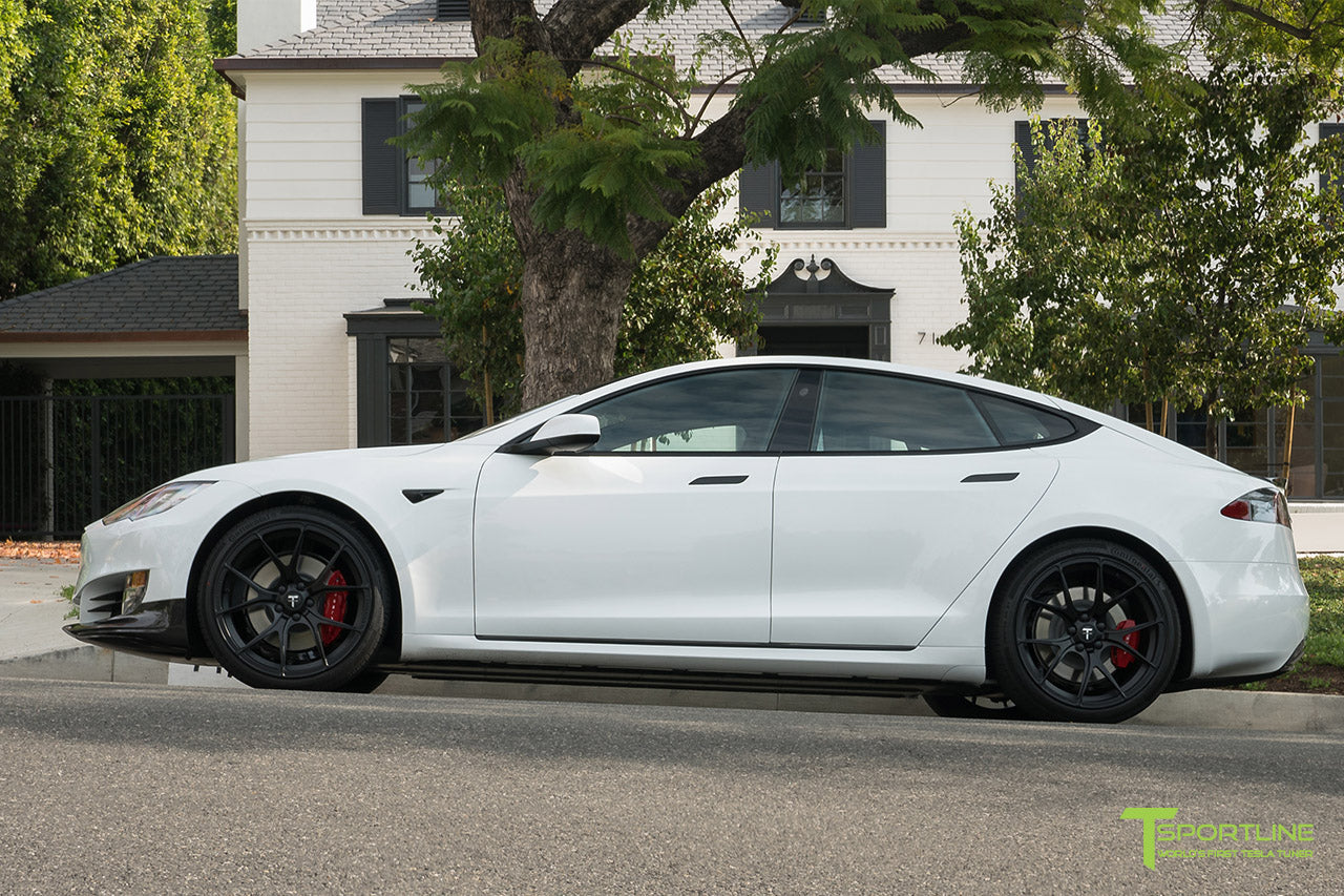 Pearl White Tesla Model S P100D with Matte Black TS115 Forged Wheels, Digital License Plate, and Carbon Fiber Sport Package (Front Apron, Trunk Wing, Rear Diffuser) by T Sportline