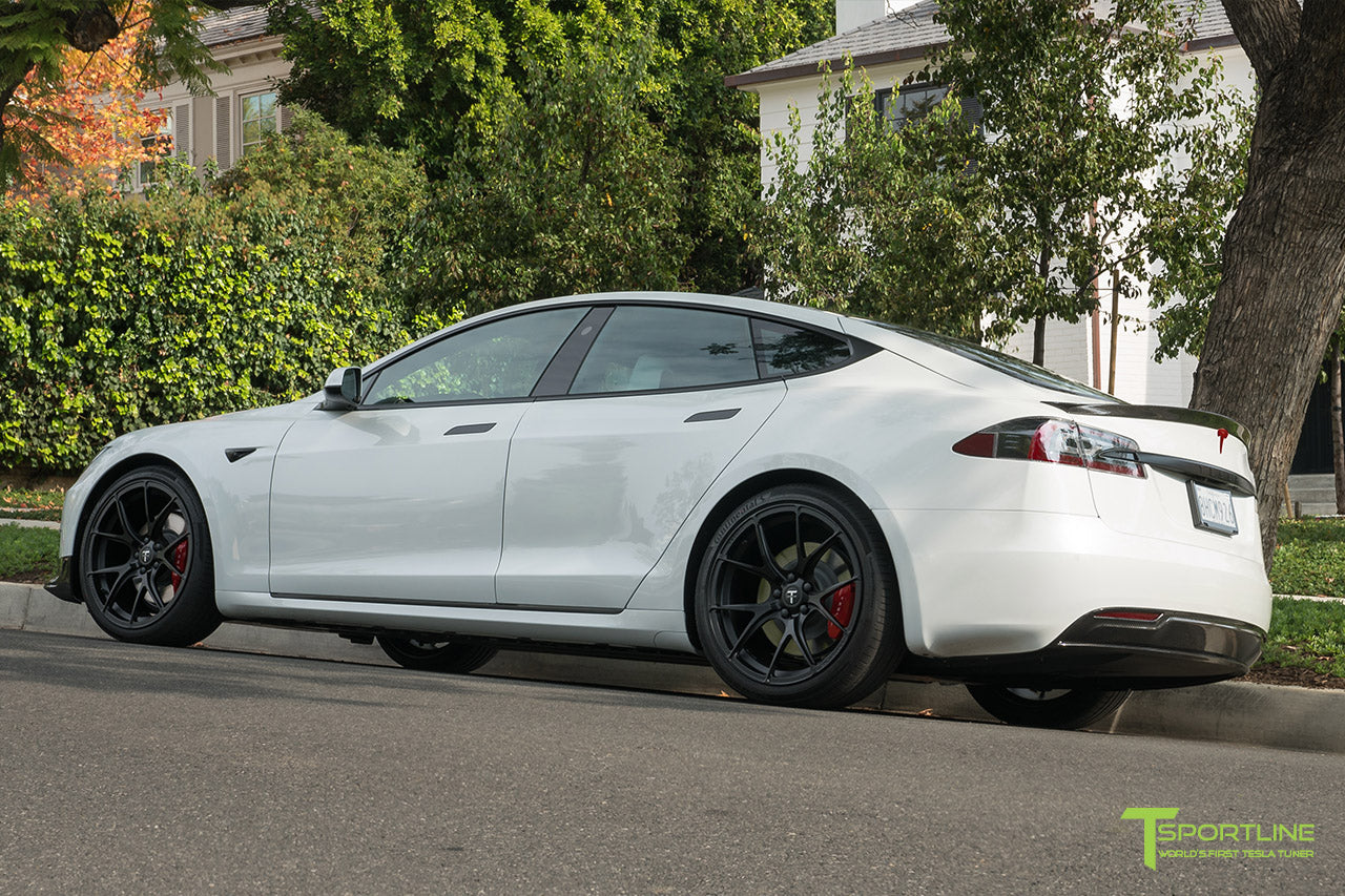 Pearl White Tesla Model S P100D with Matte Black TS115 Forged Wheels, Digital License Plate, and Carbon Fiber Sport Package (Front Apron, Trunk Wing, Rear Diffuser) by T Sportline