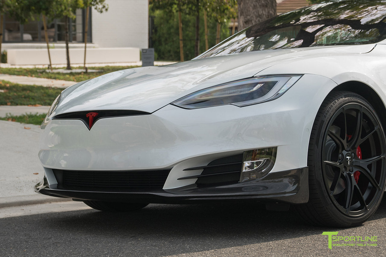 Pearl White Tesla Model S P100D with Carbon Fiber Front Apron by T Sportline