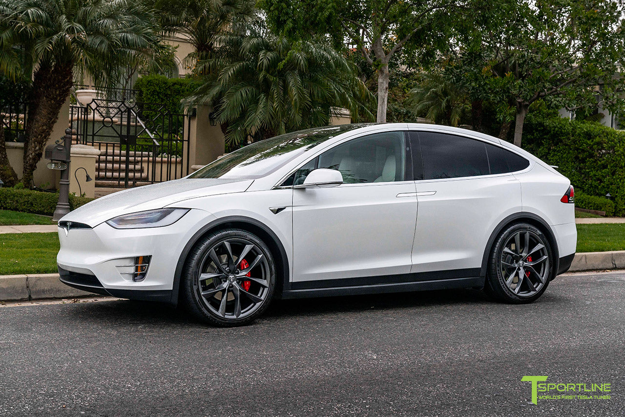 Pearl White Tesla Model X with 22" TSS Flow Forged Wheels in Space Gray by T Sportline
