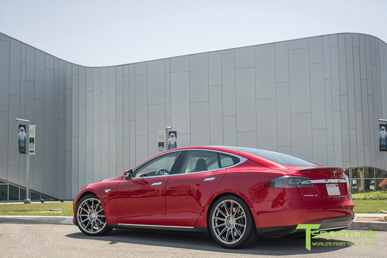 Red Multi-Coat Tesla Model S 1.0 with Hyper Black 21 inch TS112 Forged Wheels