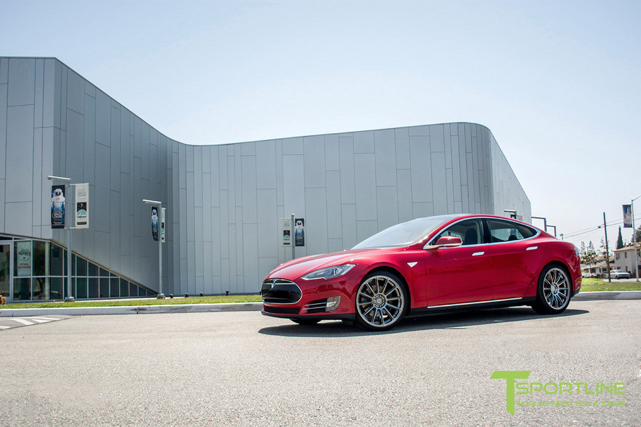 Red Multi-Coat Tesla Model S 1.0 with Hyper Black 21 inch TS112 Forged Wheels