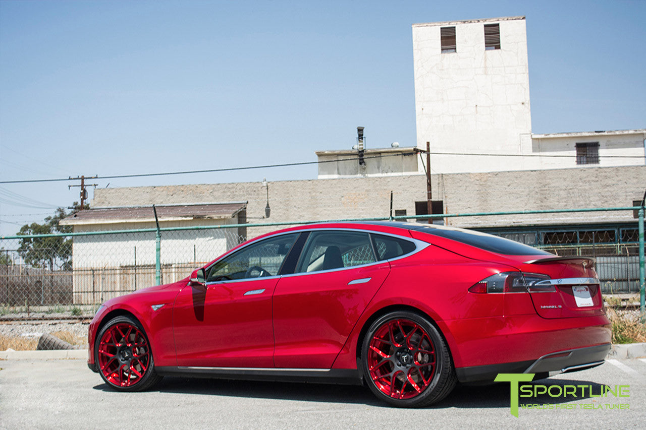 Red Multi-Coat Tesla Model S 1.0 with Imperial Red 21 inch TS117 Forged Wheels