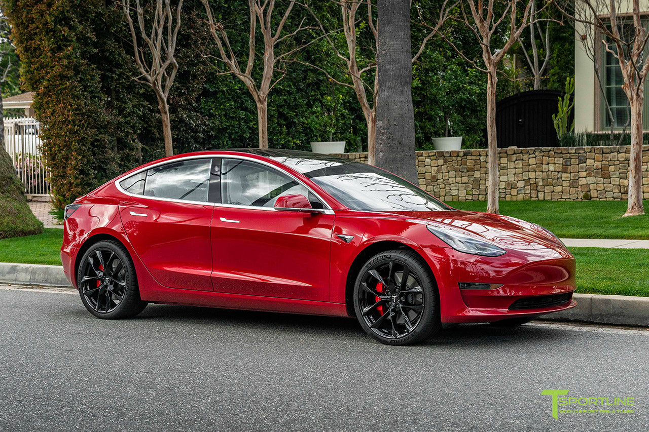 Red Multi-Coat Tesla Model 3 with 20" TSS Flow Forged Wheels in Gloss Black by T Sportline