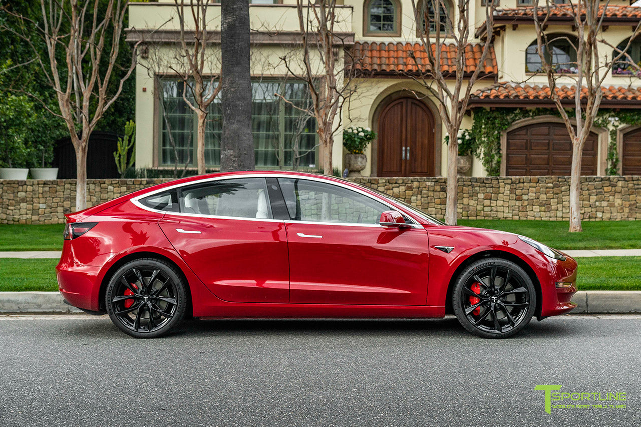 Red Multi-Coat Tesla Model 3 with 20" TSS Flow Forged Wheels in Gloss Black by T Sportline