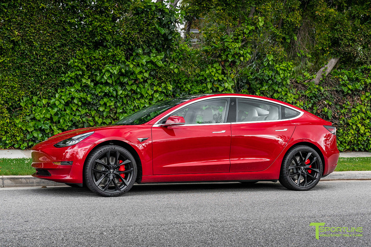 Red Multi-Coat Tesla Model 3 with 20" TSS Flow Forged Wheels in Matte Black by T Sportline