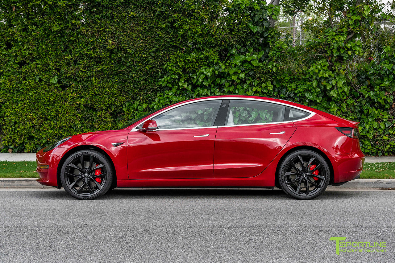 Red Multi-Coat Tesla Model 3 with 20" TSS Flow Forged Wheels in Matte Black by T Sportline