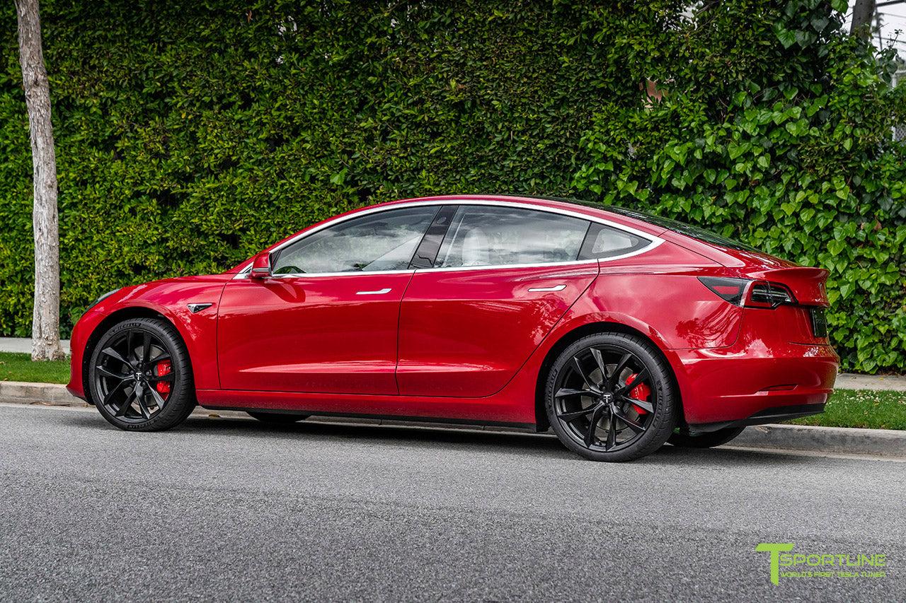 Red Multi-Coat Tesla Model 3 with 20" TSS Flow Forged Wheels in Matte Black by T Sportline