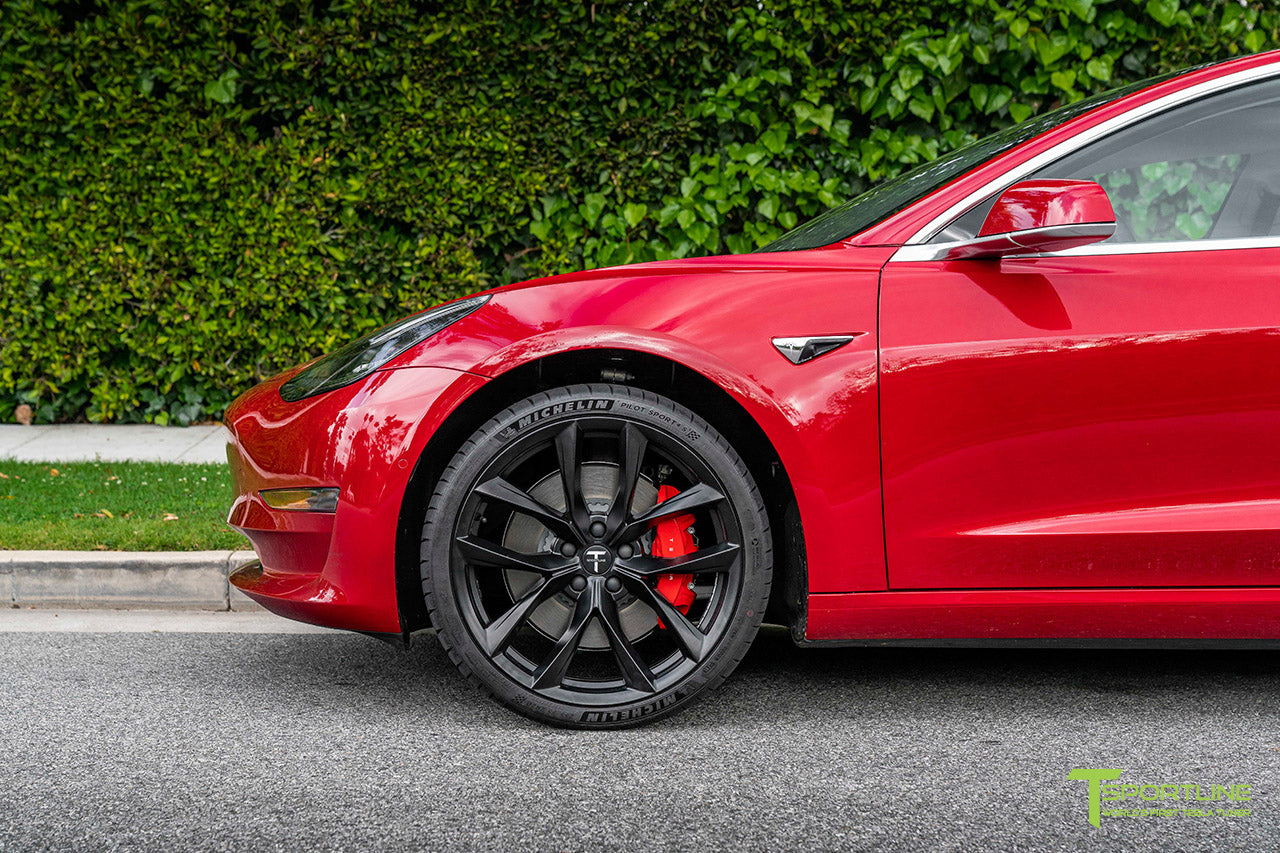 Red Multi-Coat Tesla Model 3 with 20" TSS Flow Forged Wheels in Matte Black by T Sportline