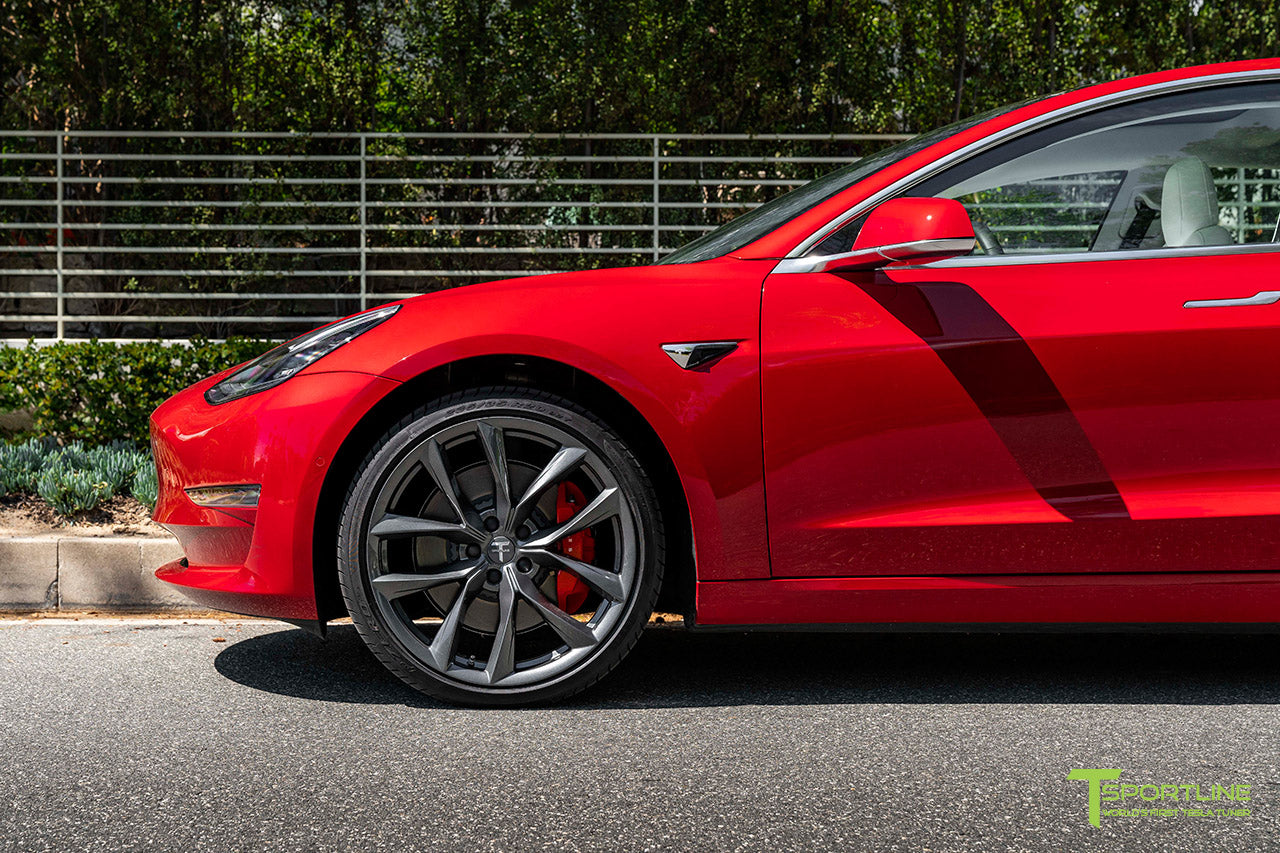 Red Multi-Coat Tesla Model 3 with 20" TSS Flow Forged Wheels in Space Gray by T Sportline