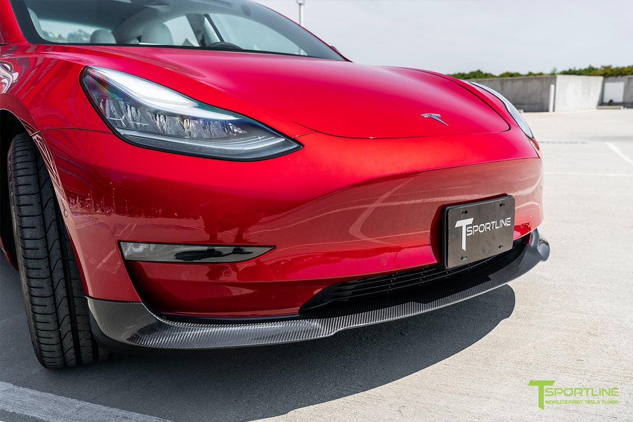 Red Multi-Coat Performance Tesla Model 3 with Carbon Fiber Tesla Model 3 Front Apron (Front Splitter or Front Lip), Rear Diffuser, Side Skirt, and Rear Trunk Wing by T Sportline