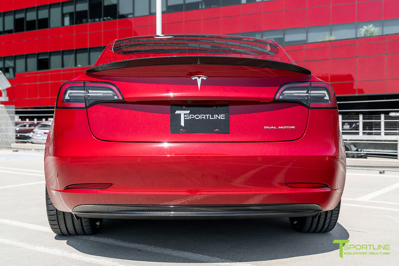 Red Multi-Coat Tesla Model 3 with Gloss Carbon Fiber Executive Trunk Wing Performance Lip Spoiler by T Sportline