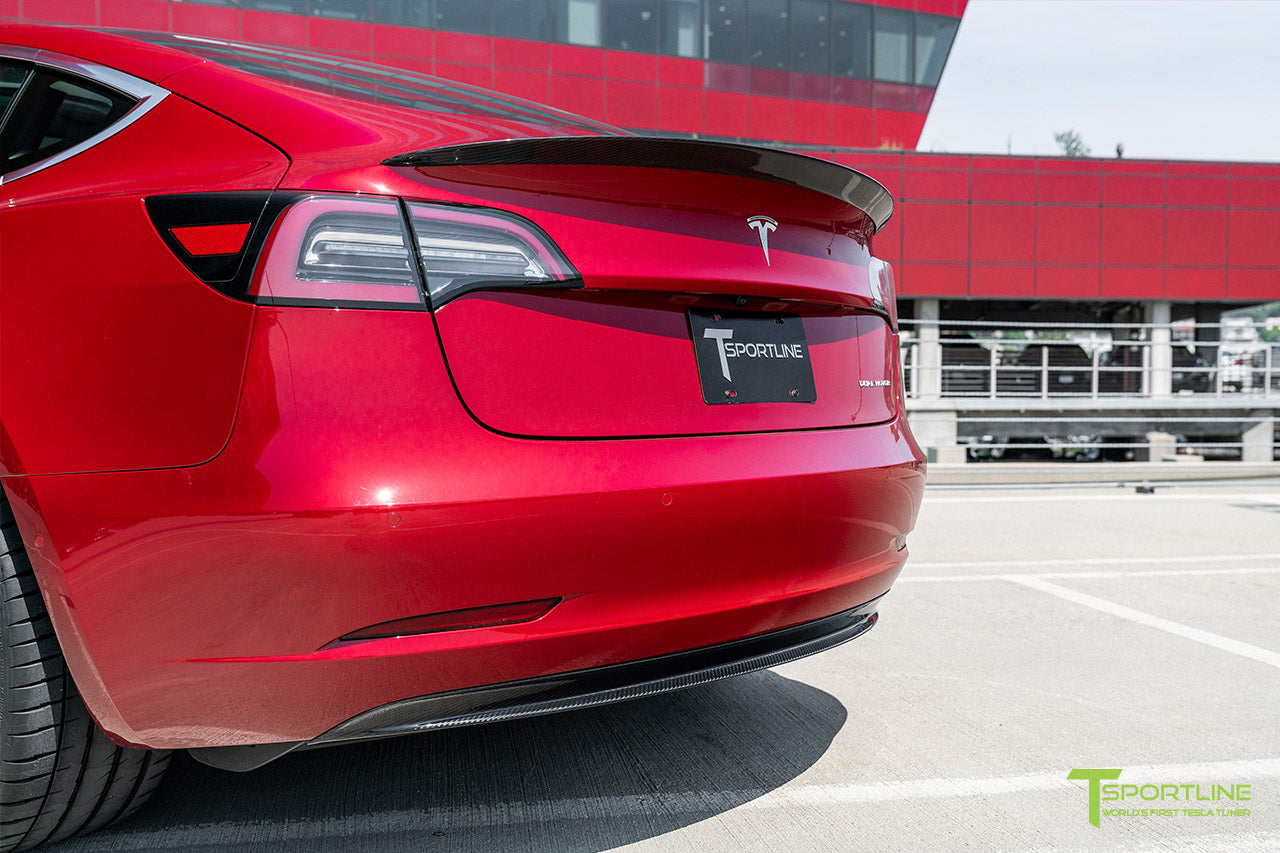 Red Multi-Coat Performance Tesla Model 3 with Carbon Fiber Tesla Model 3 Front Apron (Front Splitter or Front Lip), Rear Diffuser, Side Skirt, and Rear Trunk Wing by T Sportline