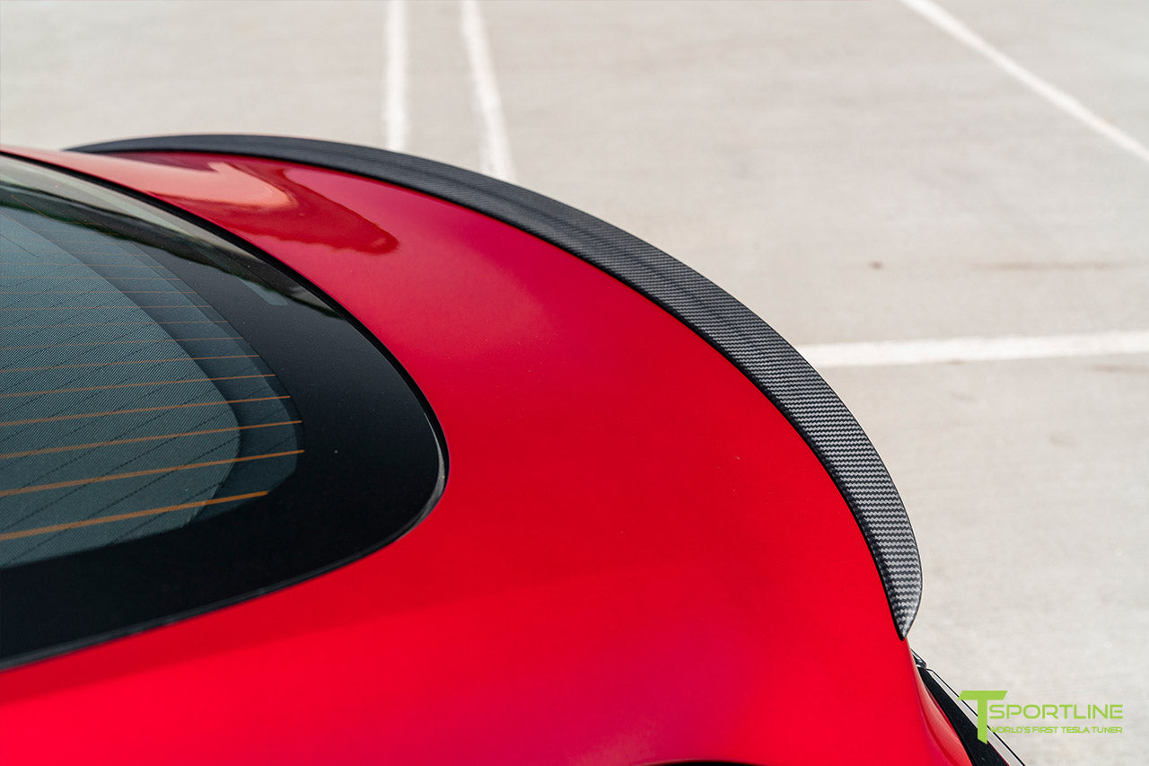 Red Multi-Coat Tesla Model 3 with Gloss Carbon Fiber Executive Trunk Wing Performance Lip Spoiler by T Sportline