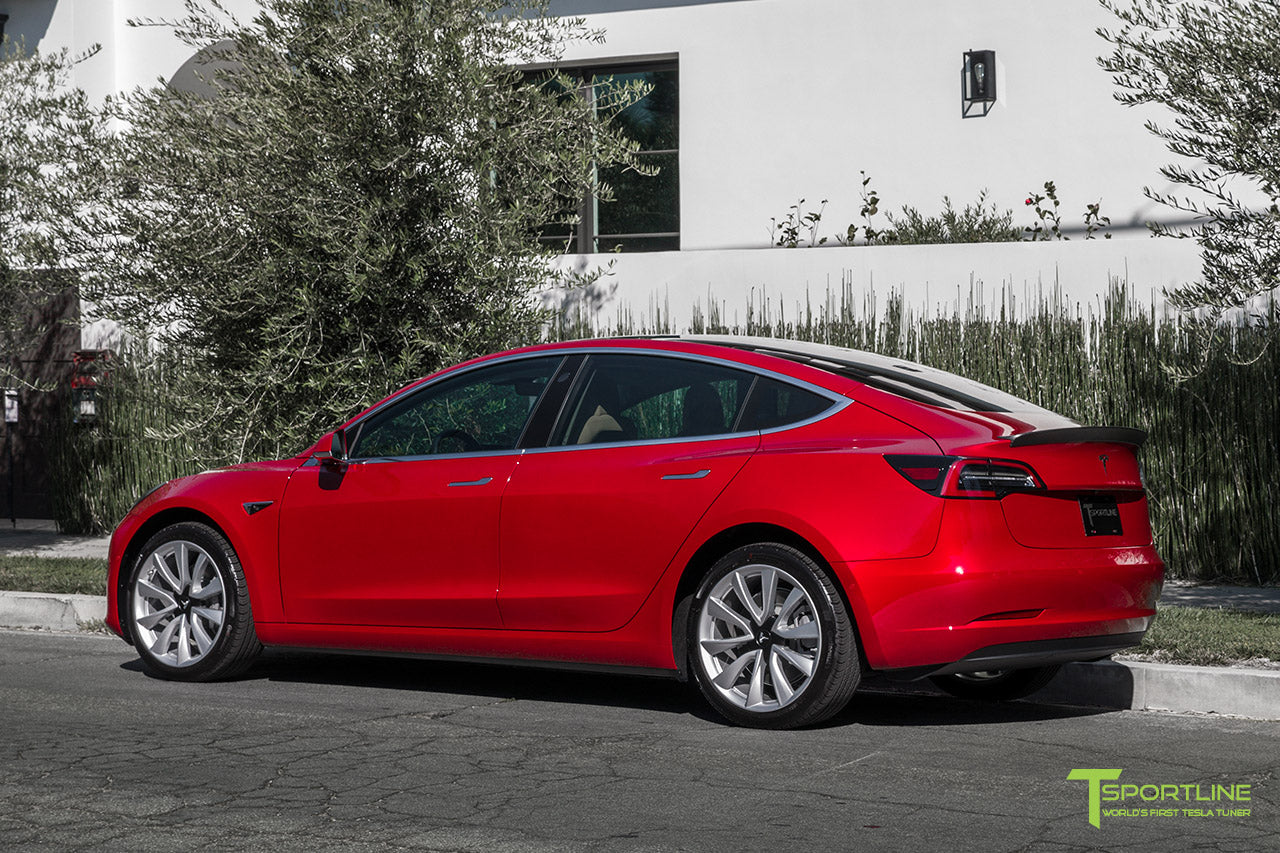 Red Multi-Coat Tesla Model 3 with Matte Carbon Fiber Trunk Wing Spoiler by T Sportline