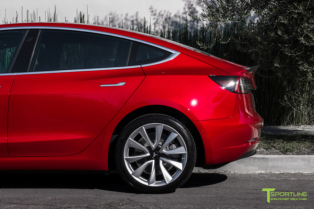 Red Multi-Coat Tesla Model 3 with Matte Carbon Fiber Trunk Wing Spoiler by T Sportline
