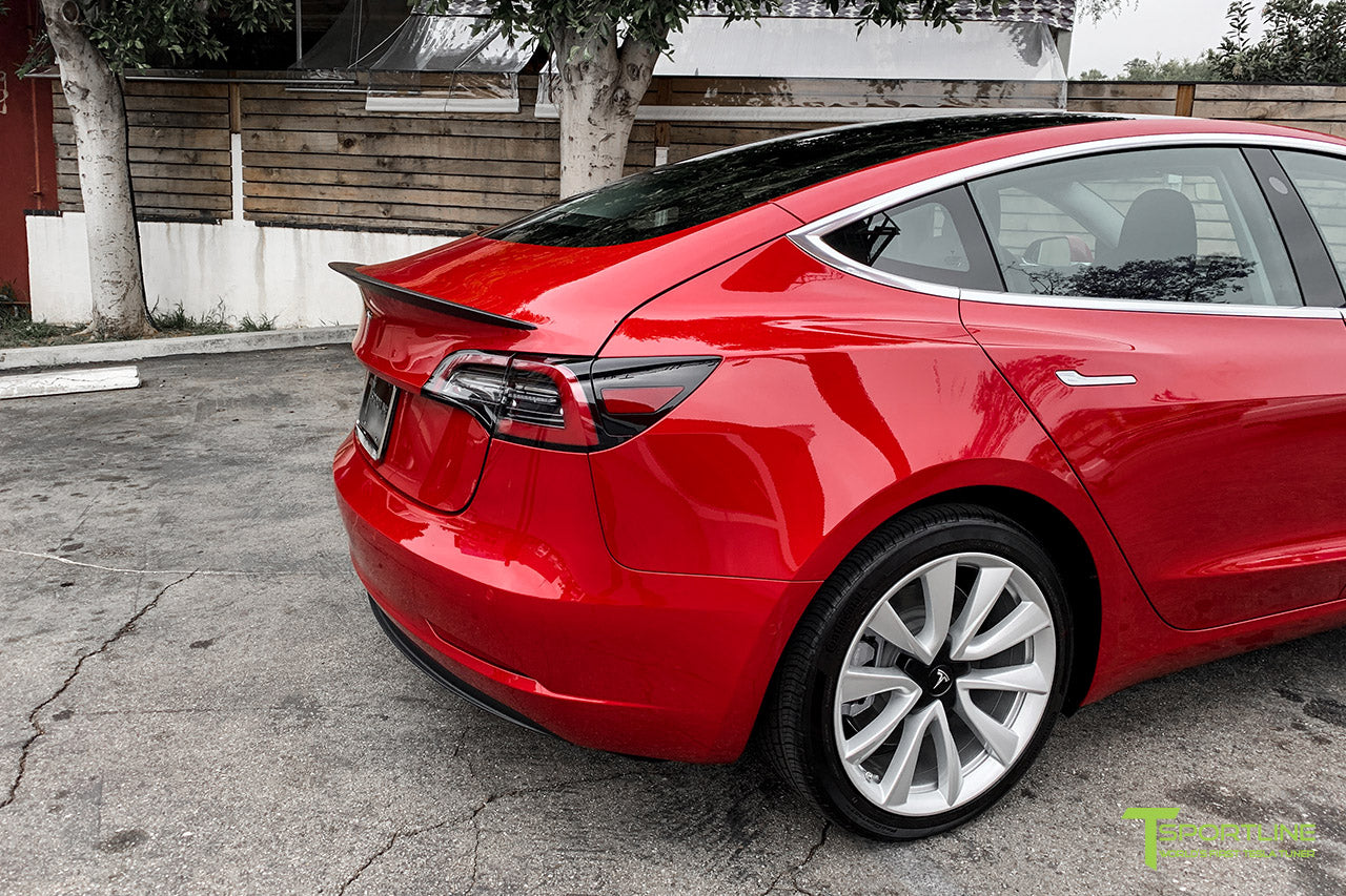 Red Multi-Coat Model 3 with Matte Carbon Fiber Trunk Wing Executive Performance Lip Spoiler by T Sportline