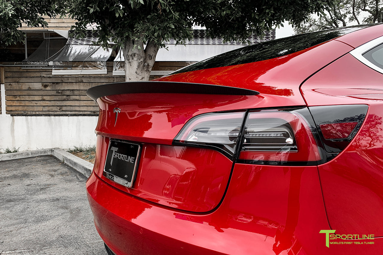 Red Multi-Coat Model 3 with Matte Carbon Fiber Trunk Wing Executive Performance Lip Spoiler by T Sportline