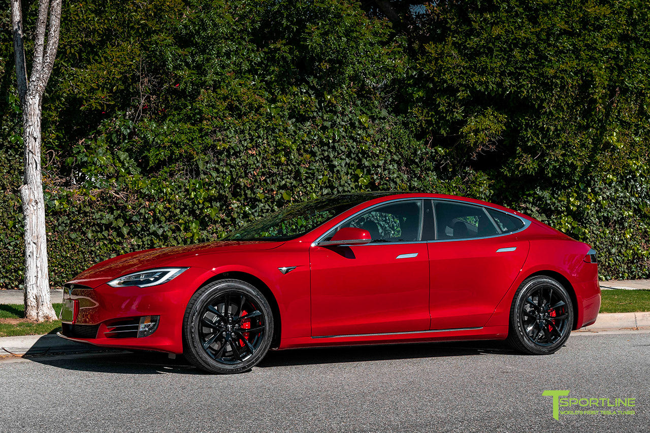 Red Multi-Coat Tesla Model S with 19" TSS Flow Forged Wheels in Gloss Black by T Sportline