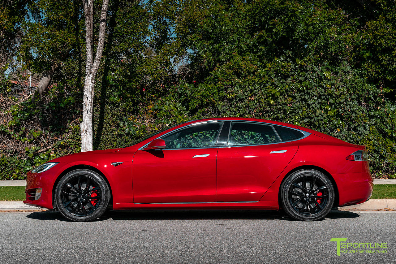 Red Multi-Coat Tesla Model S with 19" TSS Flow Forged Wheels in Gloss Black by T Sportline