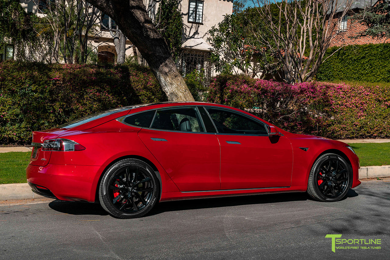 Red Multi-Coat Tesla Model S with 20" TSS Flow Forged Wheels in Gloss Black by T Sportline