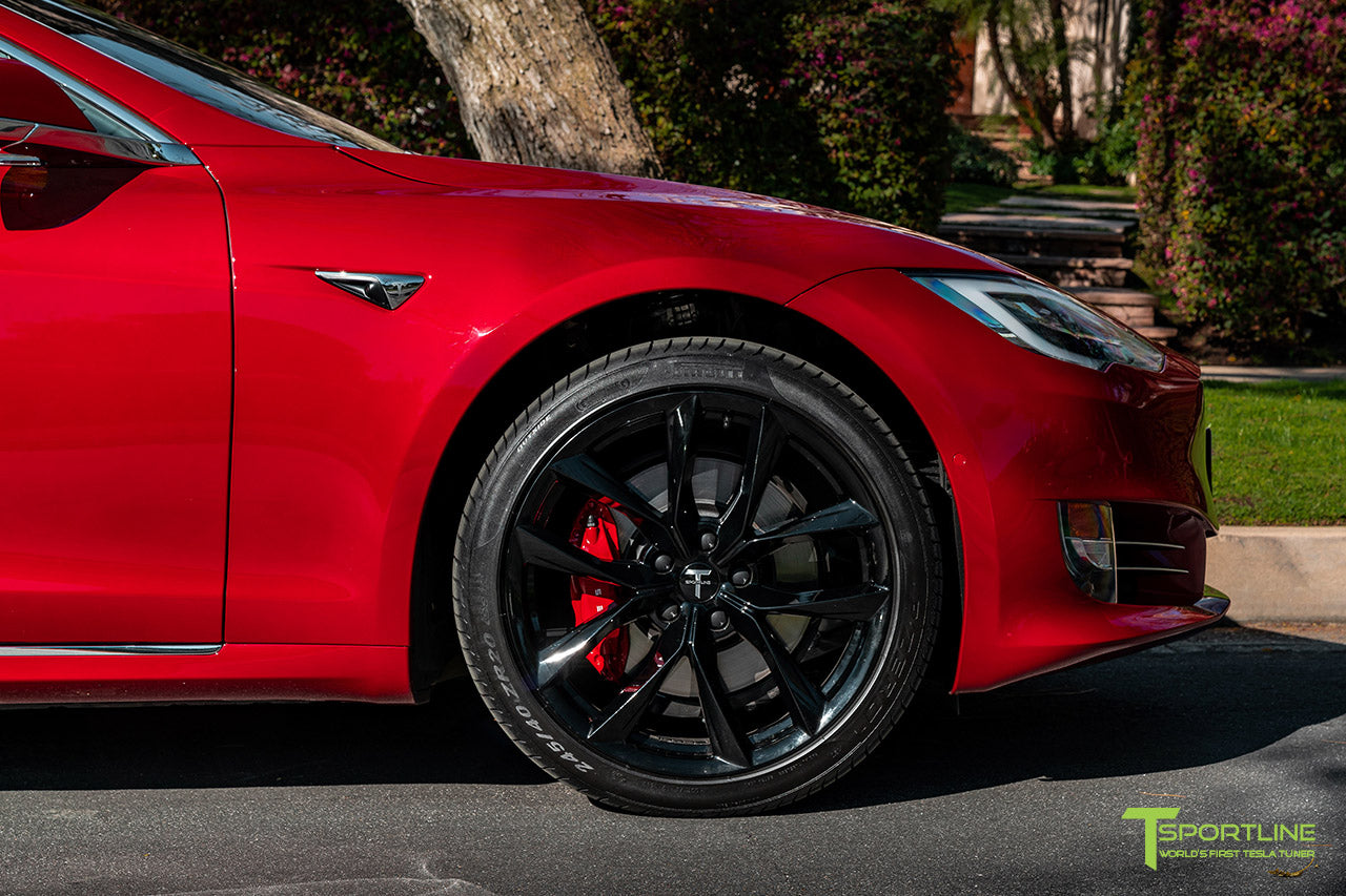 Red Multi-Coat Tesla Model S with 20" TSS Flow Forged Wheels in Gloss Black by T Sportline