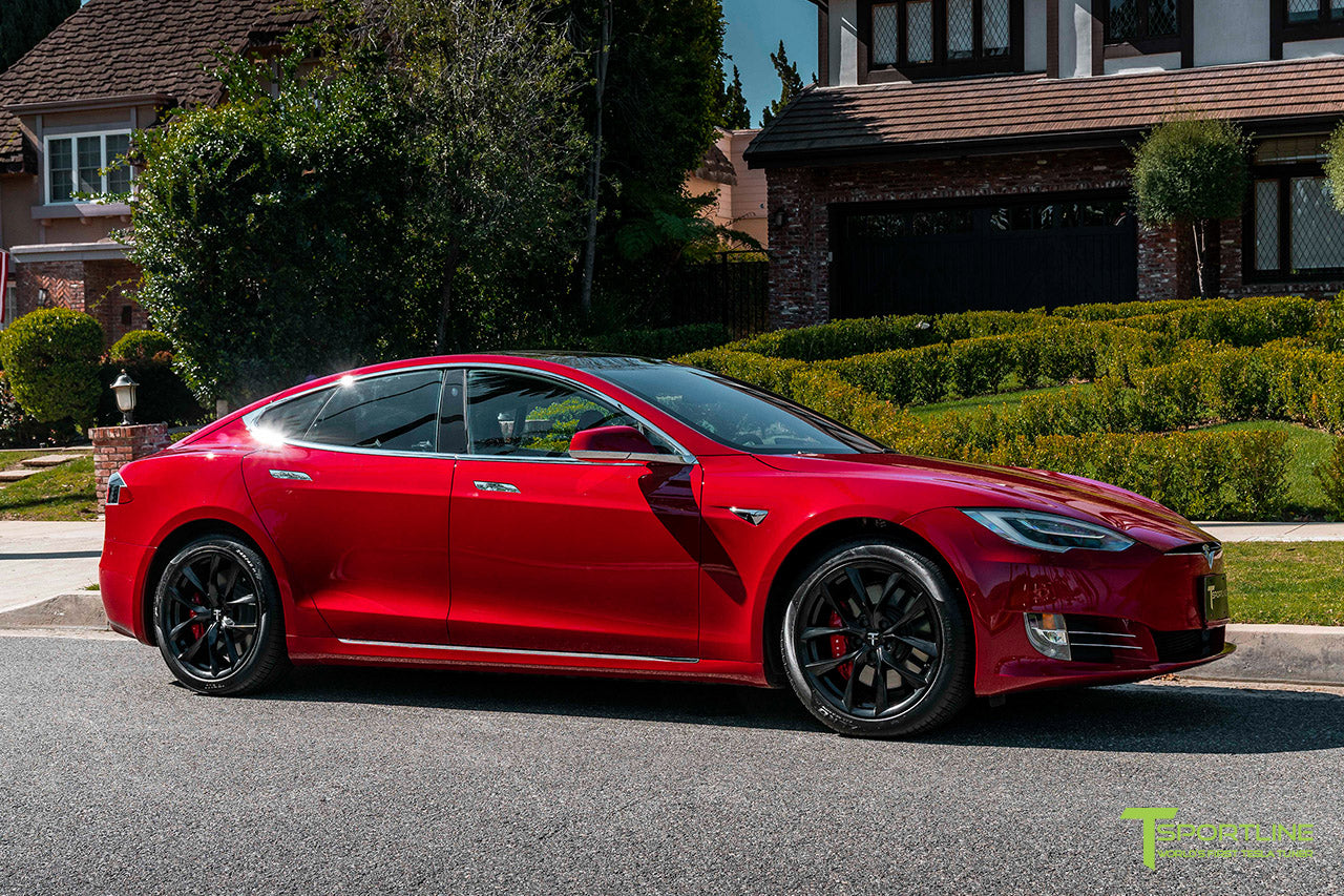 Red Multi-Coat Tesla Model S with 19" TSS Flow Forged Wheels in Matte Black by T Sportline