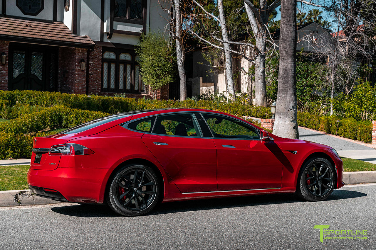 Red Multi-Coat Tesla Model S with 19" TSS Flow Forged Wheels in Matte Black by T Sportline