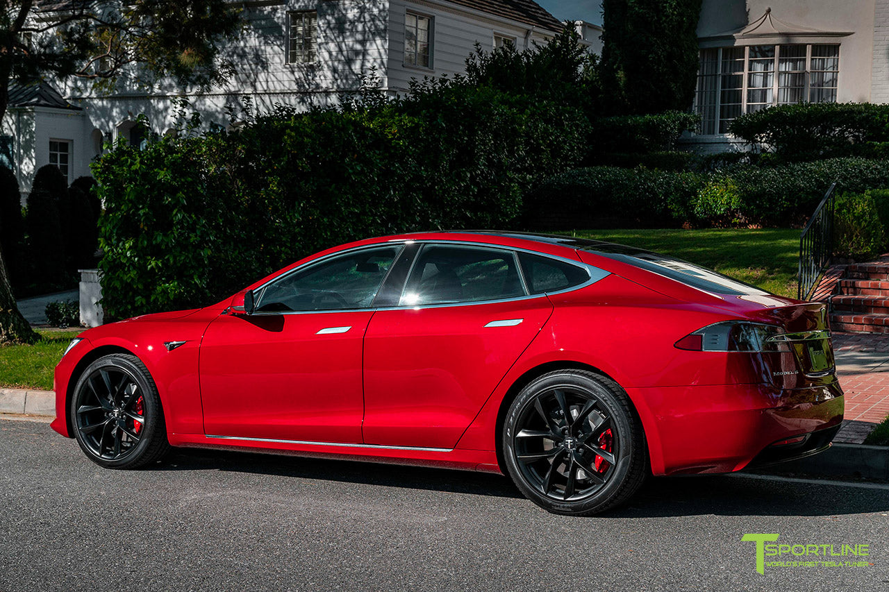 Red Multi-Coat Tesla Model S with 20" TSS Flow Forged Wheels in Matte Black by T Sportline