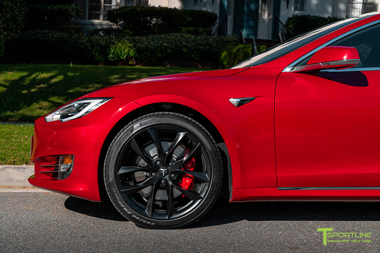 Red Multi-Coat Tesla Model S with 20" TSS Flow Forged Wheels in Matte Black by T Sportline