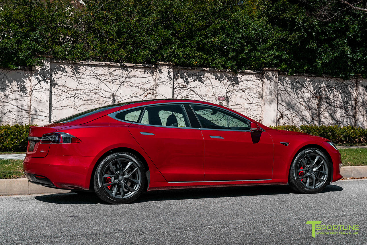 Red Multi-Coat Tesla Model S with 19" TSS Flow Forged Wheels in Space Gray by T Sportline