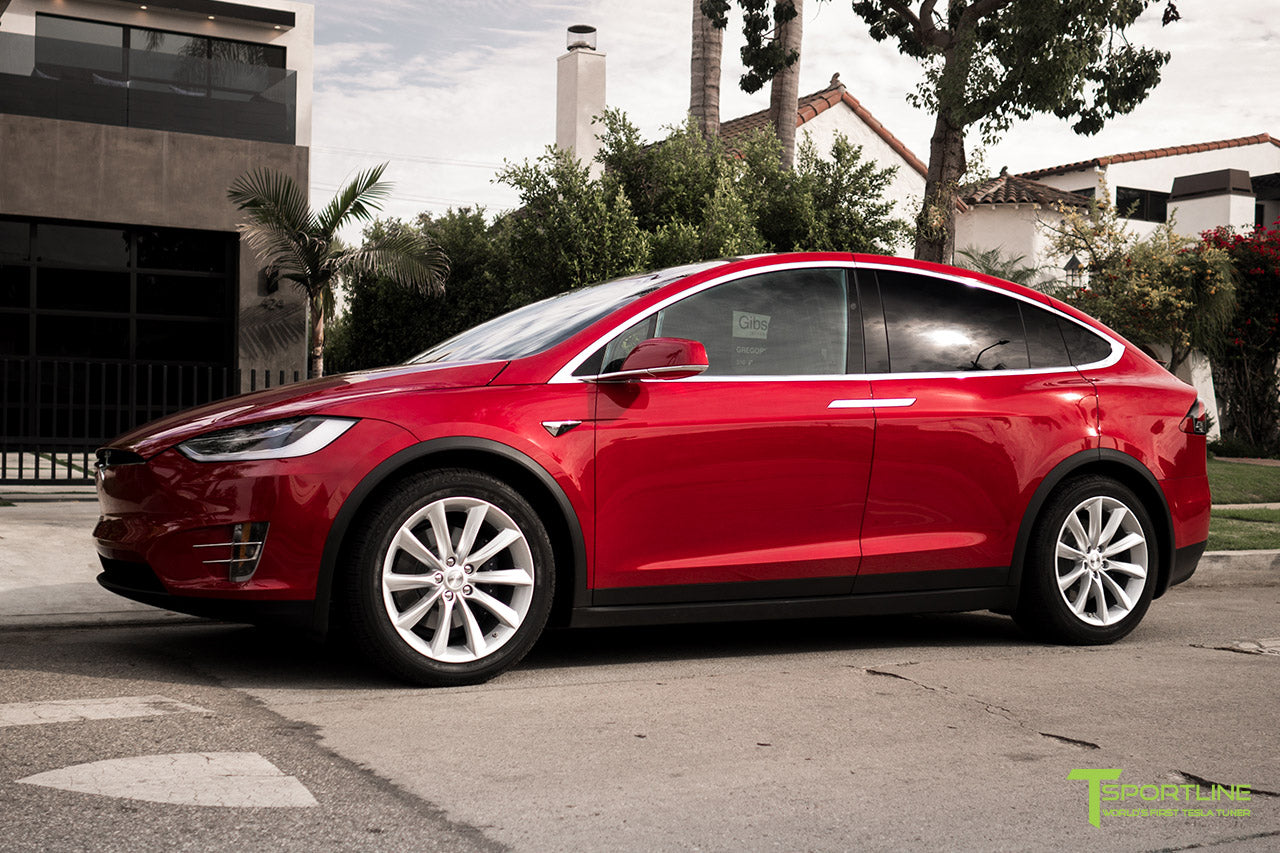 Red Multi-Coat Tesla Model X with Brilliant Silver 20 inch TST Wheels by T Sportline