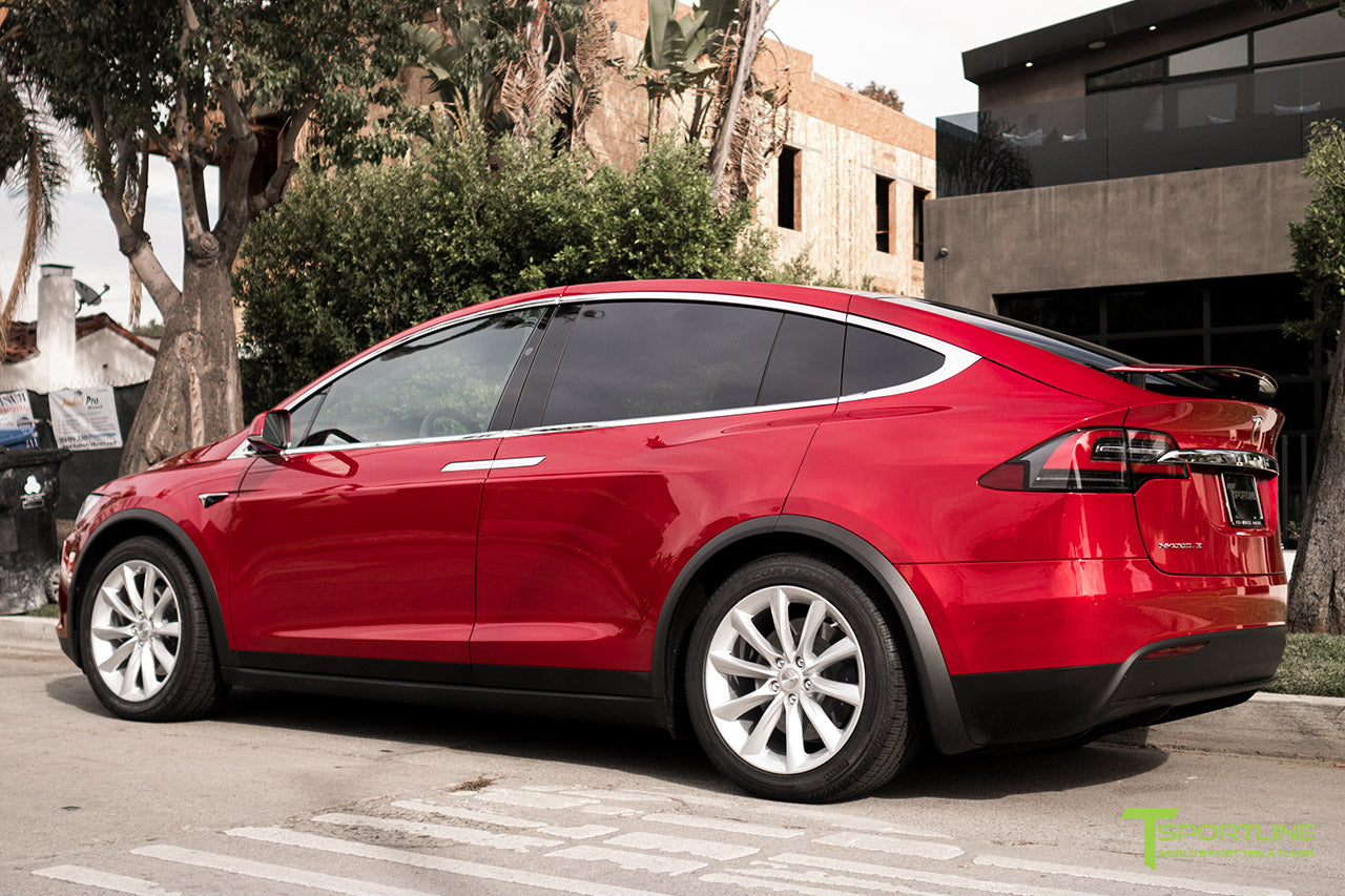 Red Multi-Coat Tesla Model X with Brilliant Silver 20 inch TST Wheels by T Sportline