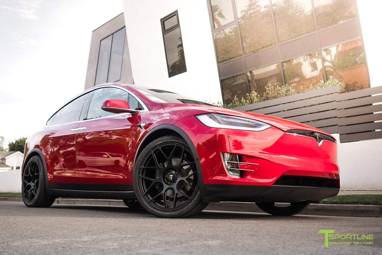 Red Multi-Coat Tesla Model X with Matte Black 22 inch MX117 Forged Wheels by T Sportline