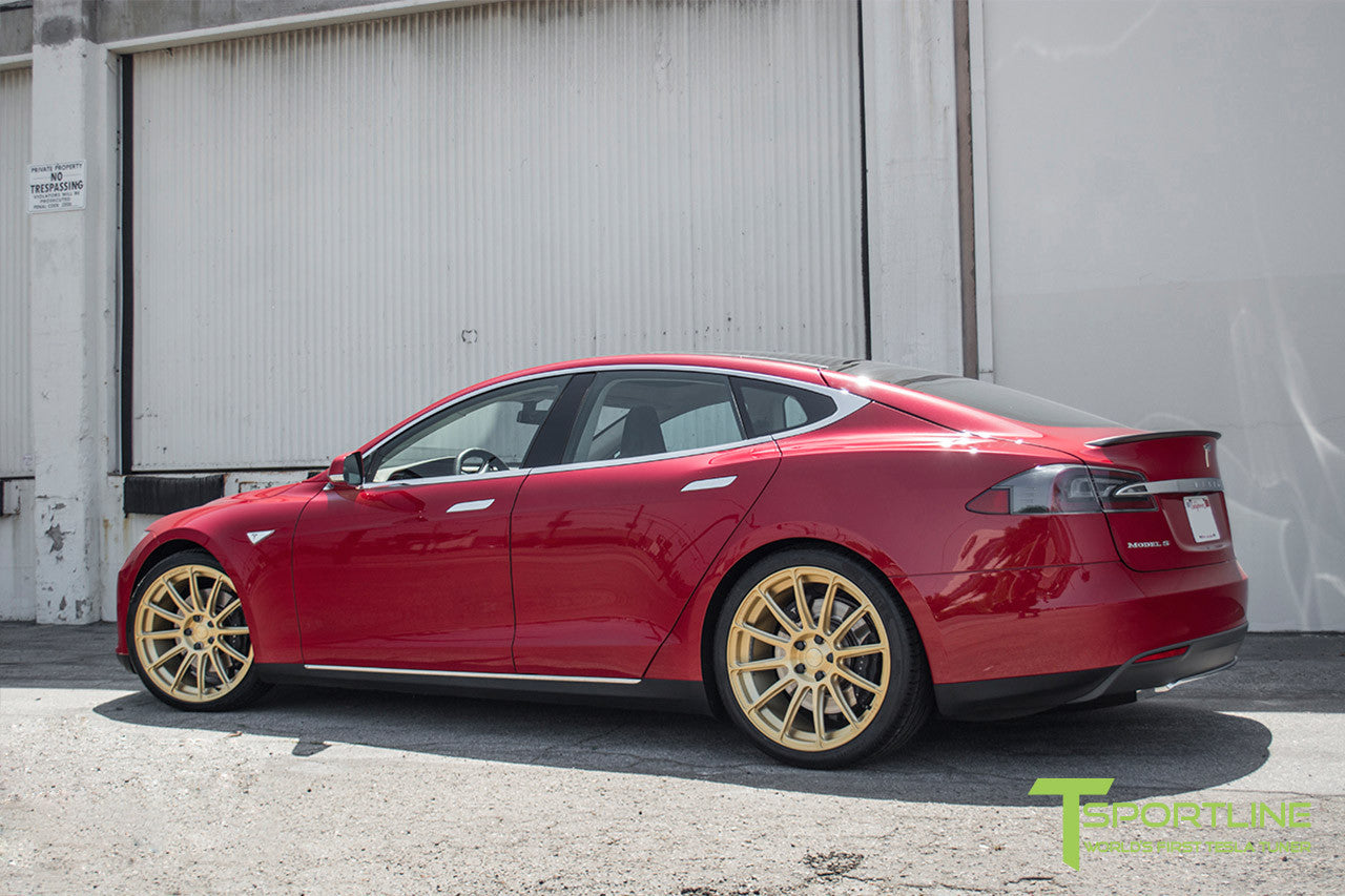 Red Multi-Coat Tesla Model S 1.0 with Ghost Gold 21 inch TS112 Forged Wheels