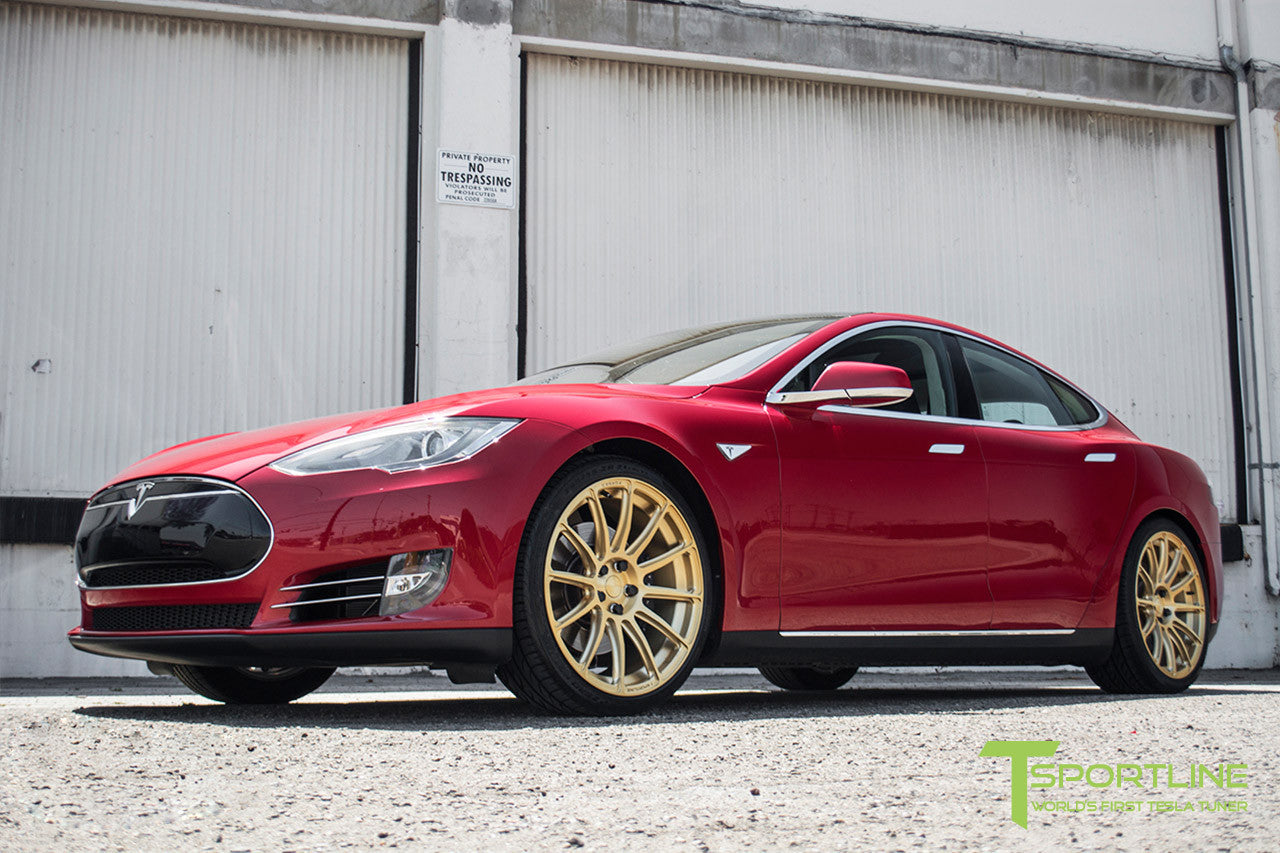 Red Multi-Coat Tesla Model S 1.0 with Ghost Gold 21 inch TS112 Forged Wheels
