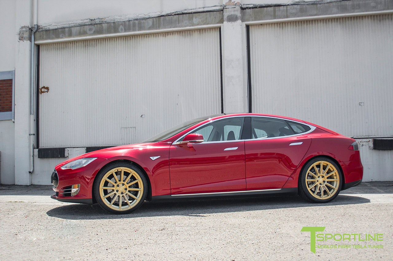 Red Multi-Coat Tesla Model S 1.0 with Ghost Gold 21 inch TS112 Forged Wheels
