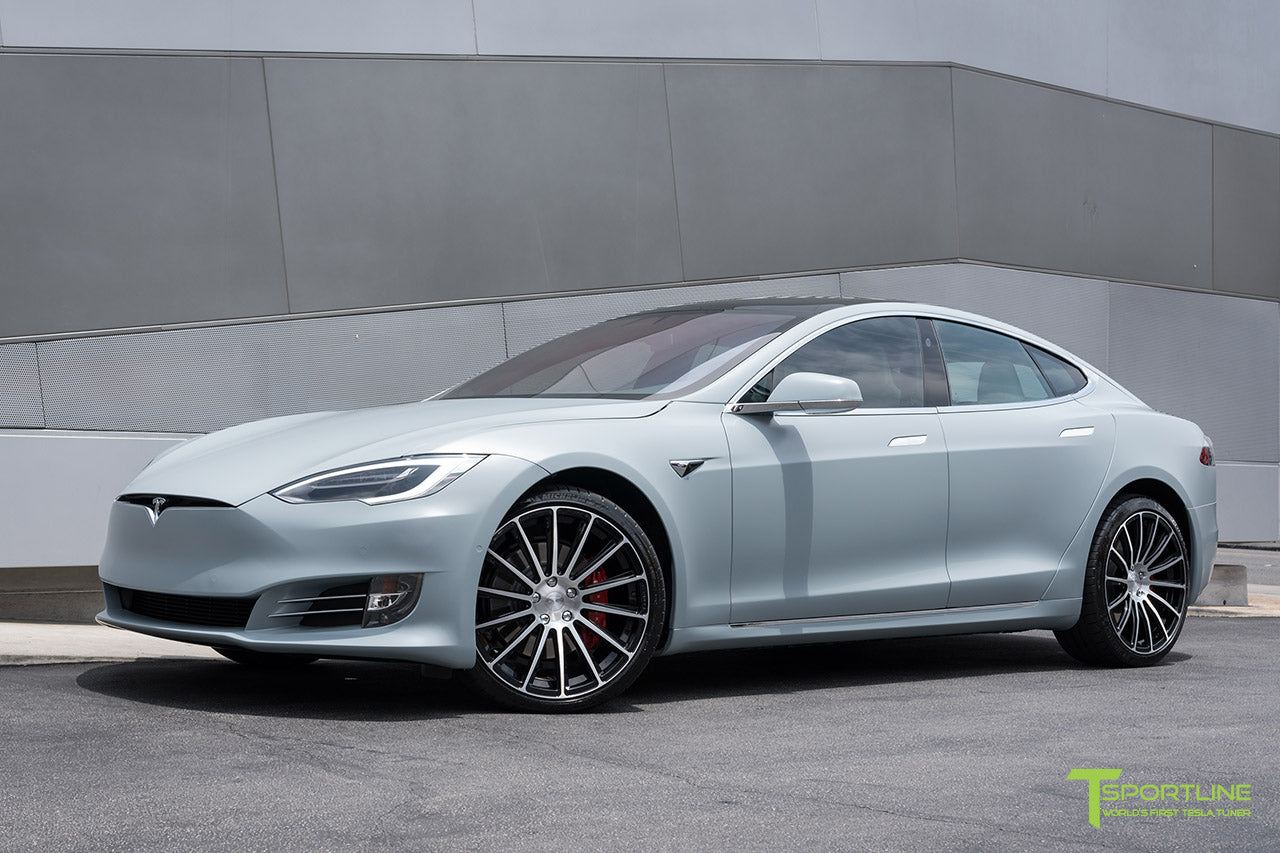Satin Battleship Gray Tesla Model S with Diamond Black 21 inch TS114 Forged Wheels by T Sportline