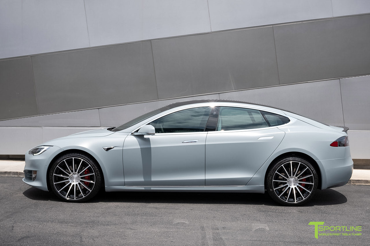 Satin Battleship Gray Tesla Model S with Diamond Black 21 inch TS114 Forged Wheels by T Sportline