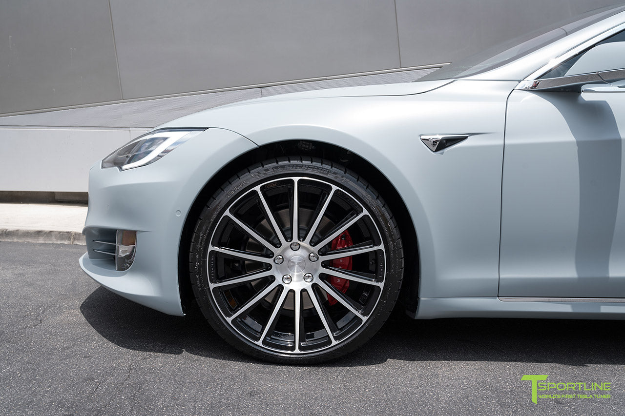 Satin Battleship Gray Tesla Model S with Diamond Black 21 inch TS114 Forged Wheels by T Sportline