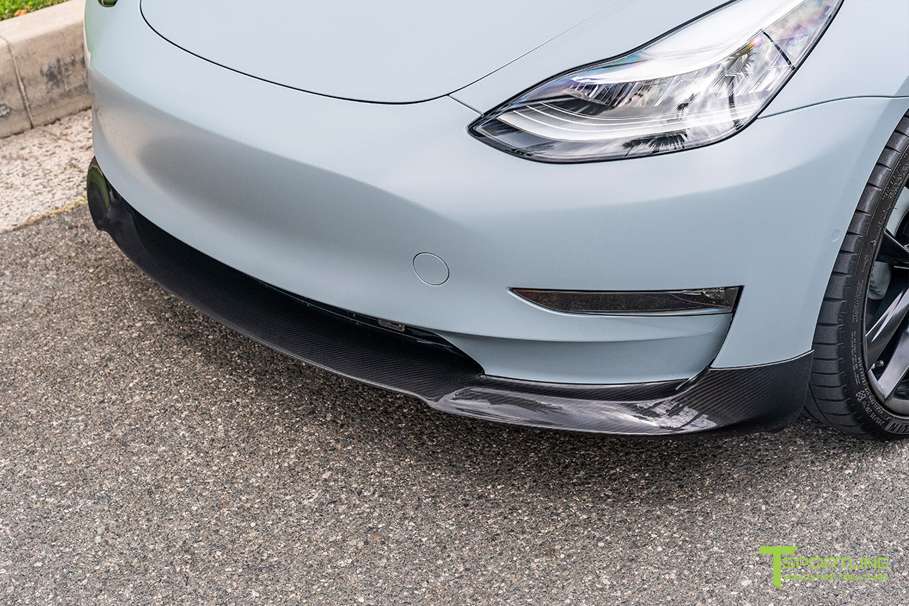Satin Battleship Gray Performance Tesla Model 3 with Carbon Fiber Tesla Model 3 Front Apron (Front Splitter or Front Lip), Rear Diffuser, Side Skirt, and Rear Trunk Wing by T Sportline