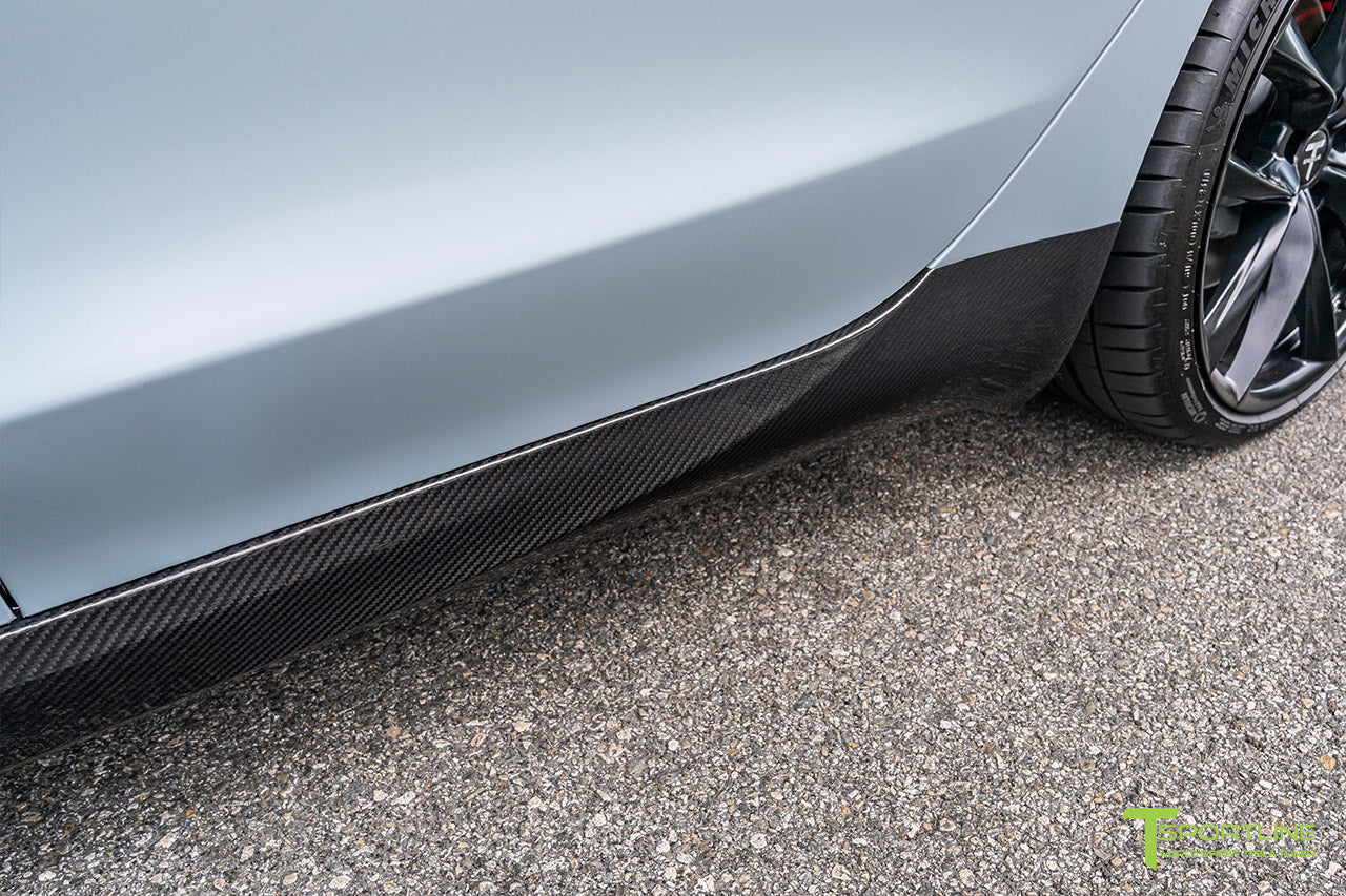 Satin Battleship Gray Performance Tesla Model 3 with Carbon Fiber Tesla Model 3 Front Apron (Front Splitter or Front Lip), Rear Diffuser, Side Skirt, and Rear Trunk Wing by T Sportline
