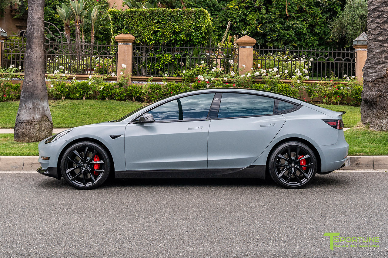 Satin Battleship Gray Performance Tesla Model 3 with Carbon Fiber Tesla Model 3 Front Apron (Front Splitter or Front Lip), Rear Diffuser, Side Skirt, and Rear Trunk Wing by T Sportline