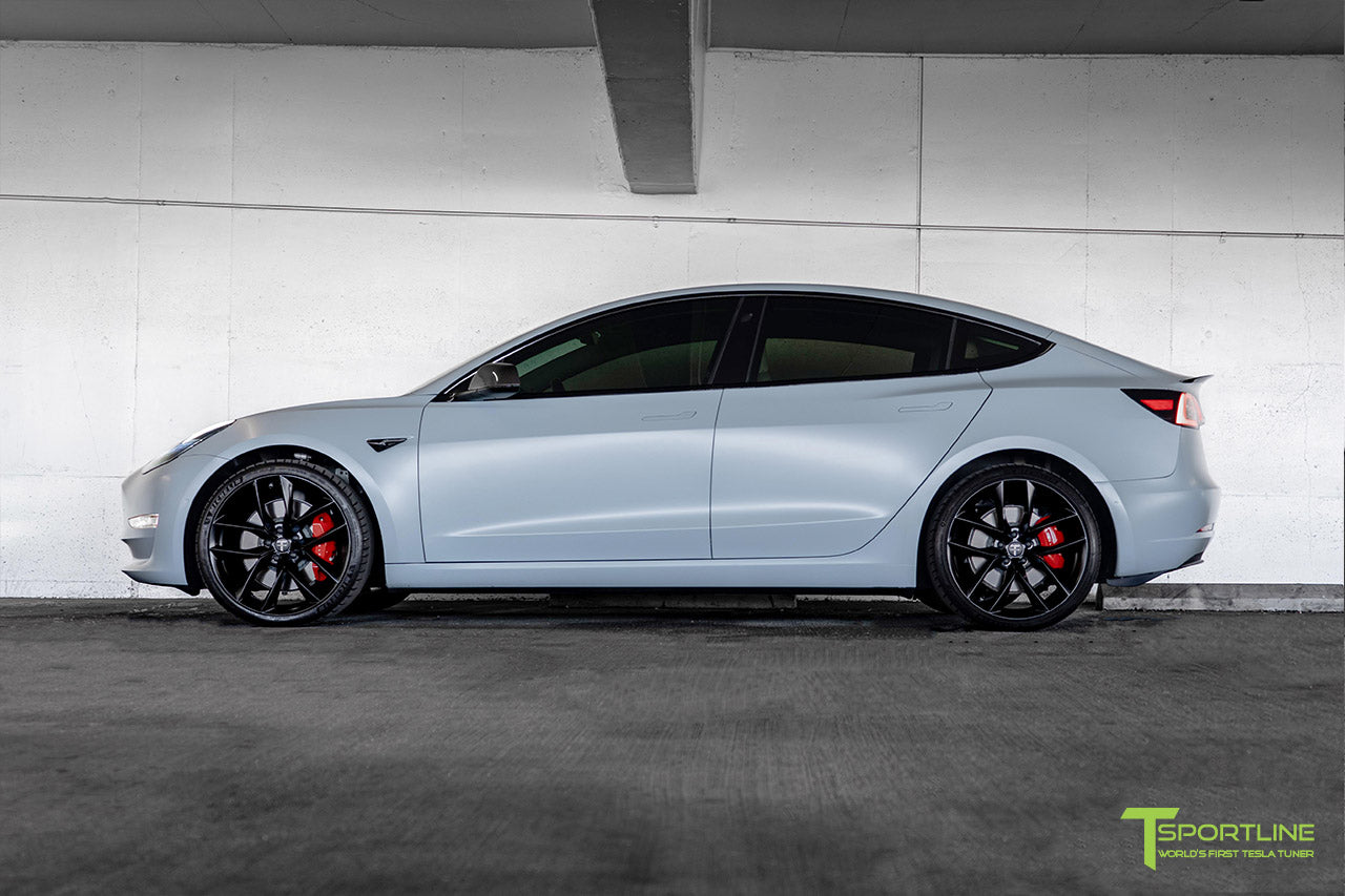 Satin Battleship Gray Performance Tesla Model 3 with Matte Black 20 inch TSS Flow Forged Wheels, Carbon Fiber Executive Performance Wing, Carbon Fiber Side Mirrors by T Sportline