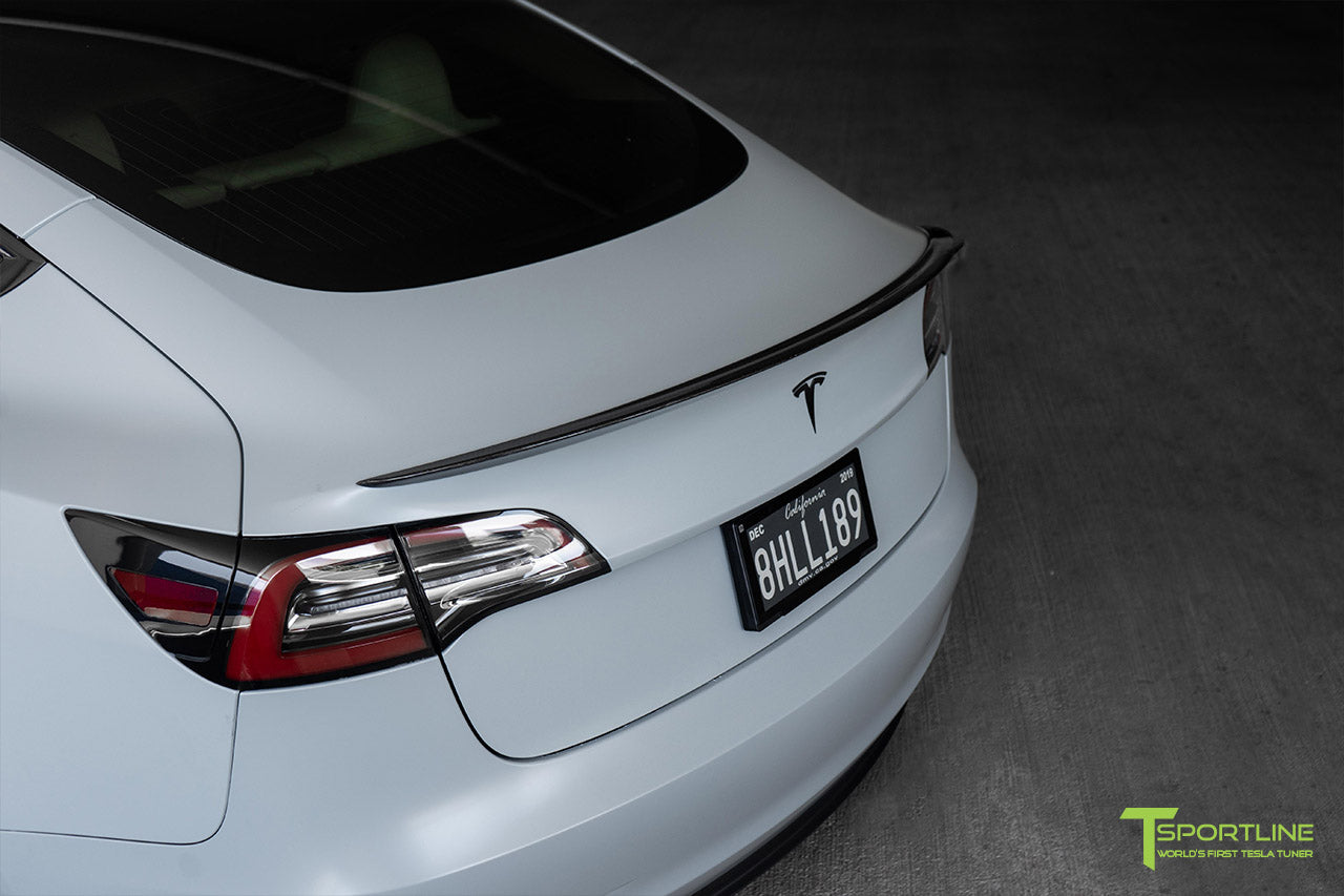 Satin Battleship Gray Performance Tesla Model 3 with Matte Black 20 inch TSS Flow Forged Wheels, Carbon Fiber Executive Performance Wing, Carbon Fiber Side Mirrors by T Sportline
