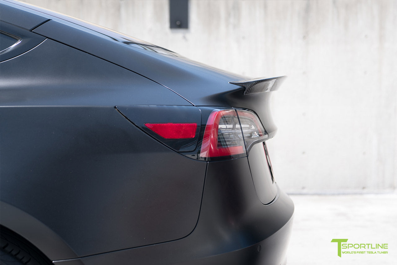 Satin Black Tesla Model 3 with Gloss Carbon Fiber Trunk Wing Spoiler by T Sportline